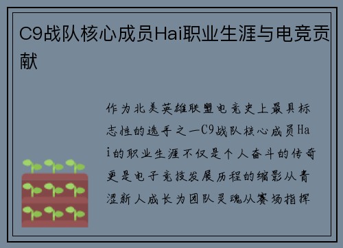 C9战队核心成员Hai职业生涯与电竞贡献